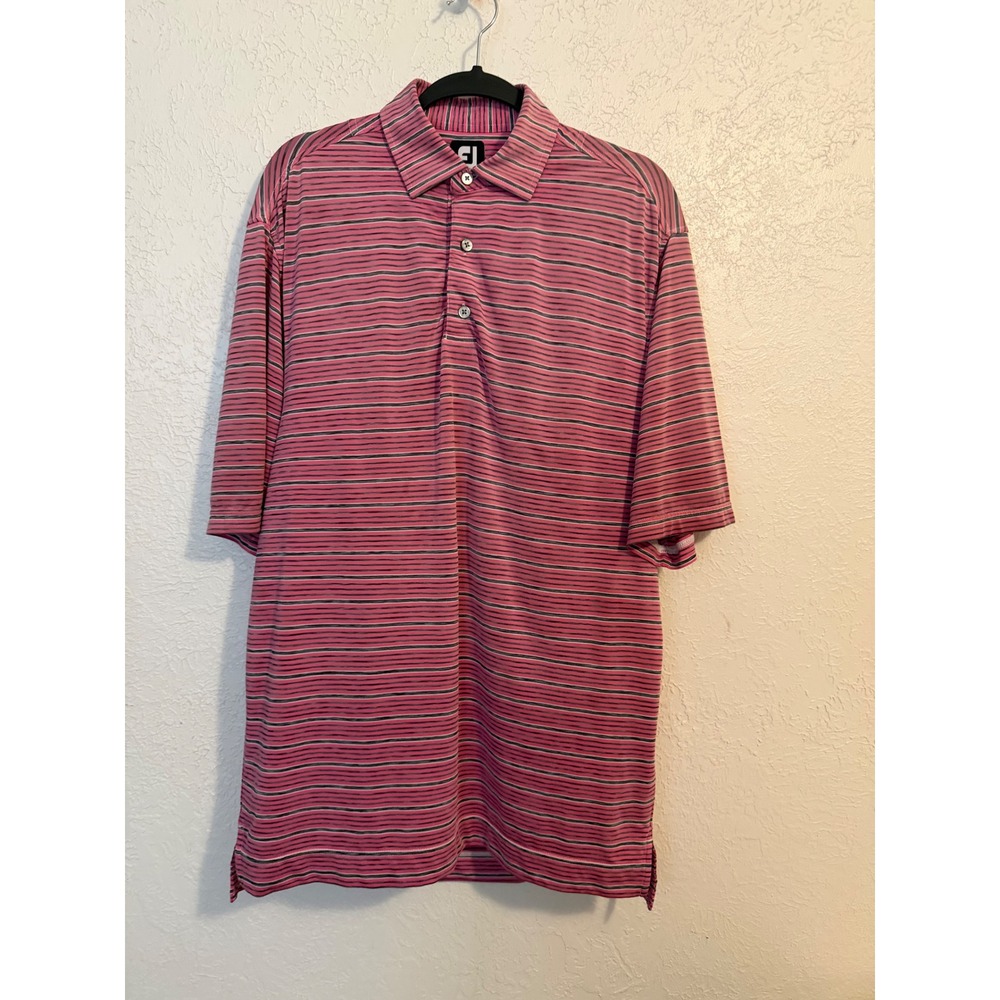 FootJoy Mens Pink Navy Blue Striped Performance Golf Polo Shirt Size Medium